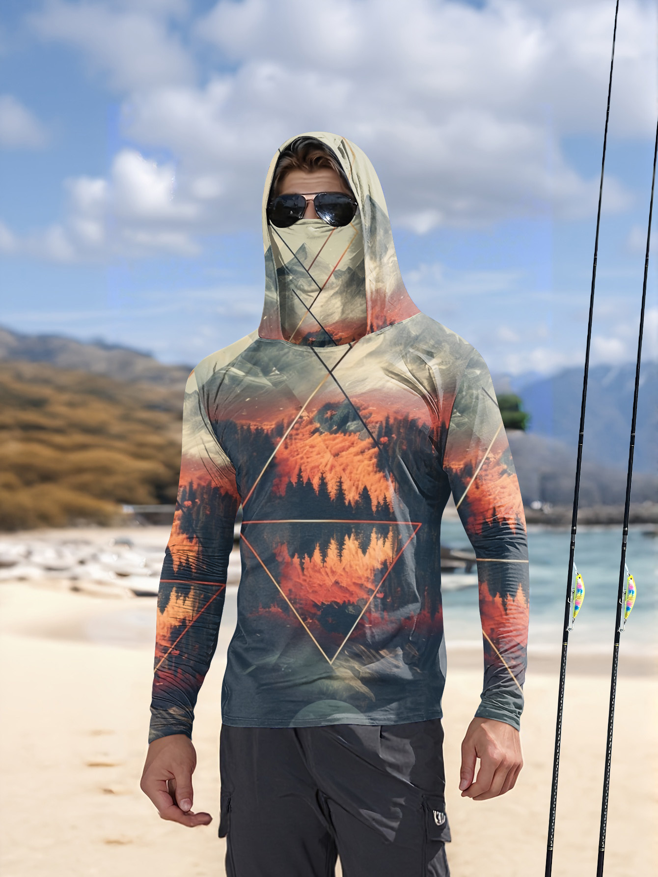 Fishing Hoodie - เสื้อฮู้ดตกปลาสำหรับผู้ชายแบบกลางแจ้ง พร้อมหน้ากากในตัว ลายวิวภูเขา ป้องกันแสงแดด UPF 50