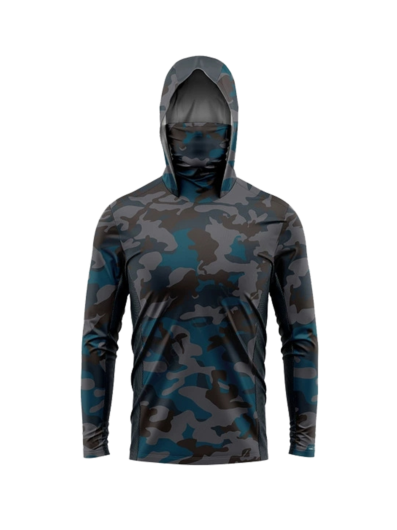Fishing Hoodie - เสื้อฮู้ดตกปลาสำหรับผู้ชายป้องกันแสงแดด UPF50+ ลายพรางมหาสมุทรสีเข้ม พร้อมผ้าคลุมหน้า แห้งเร็ว น้ำหนักเบา