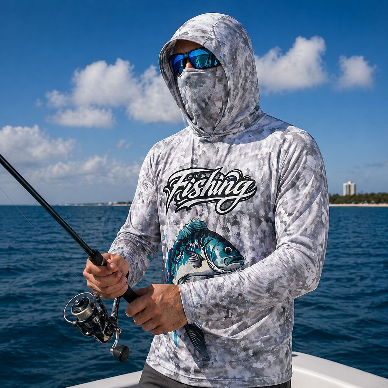 Fishing Mask Sun Protection - เสื้อตกปลาแบบมีฮู้ดสำหรับผู้ชาย เสื้อผ้าตกปลา แขนยาว เสื้อคลุมกันแดดสำหรับฤดูร้อน ป้องกันแสงแดด เสื้อเจอร์ซีย์ประสิทธิภาพสูง